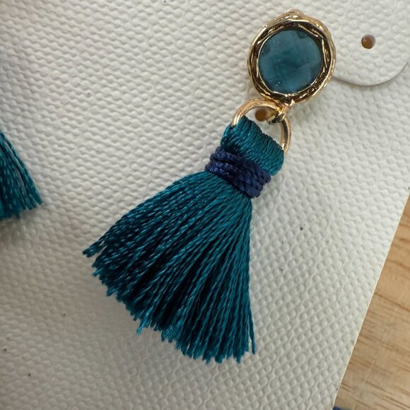Panacea Teal Tassel Drop Earrings With Gold Accents - Picture 6 of 9
